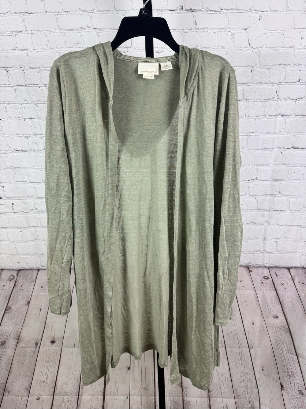 Cynthia Rowley Sage Green 100% Linen Hooded Open Front Cardigan Duster Sz Medium